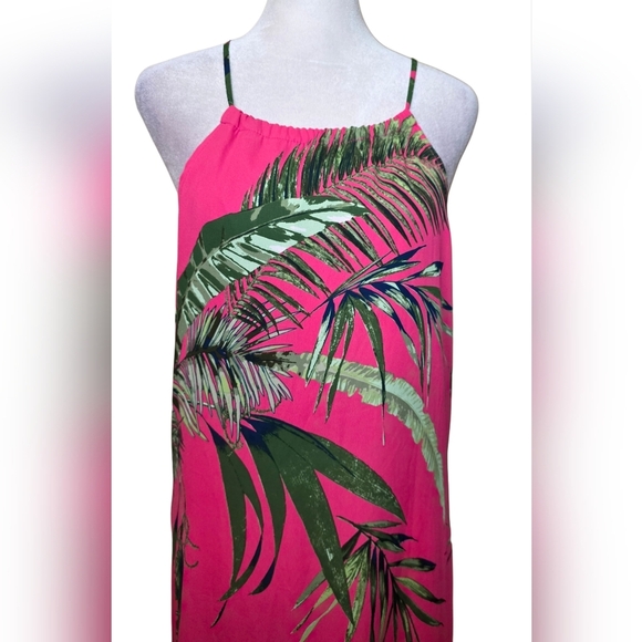 Caramela Tropical Palm Maxi Dress. Hot Pink Green Leaf Print, Flowy Resort wear - Picture 2 of 9